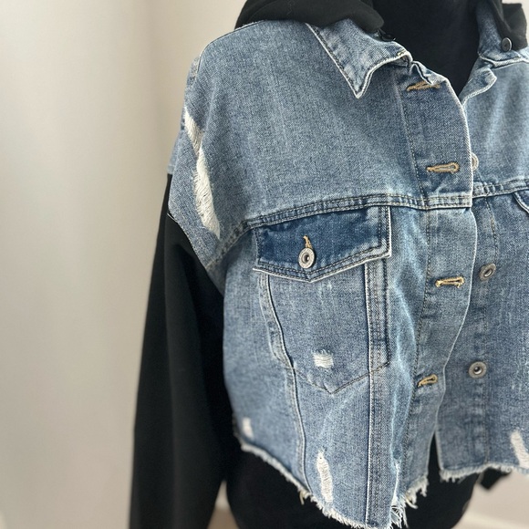 Highway Jeans Distressed Denim Jacket with Black Hood and Sleeves Distressed - Picture 2 of 10